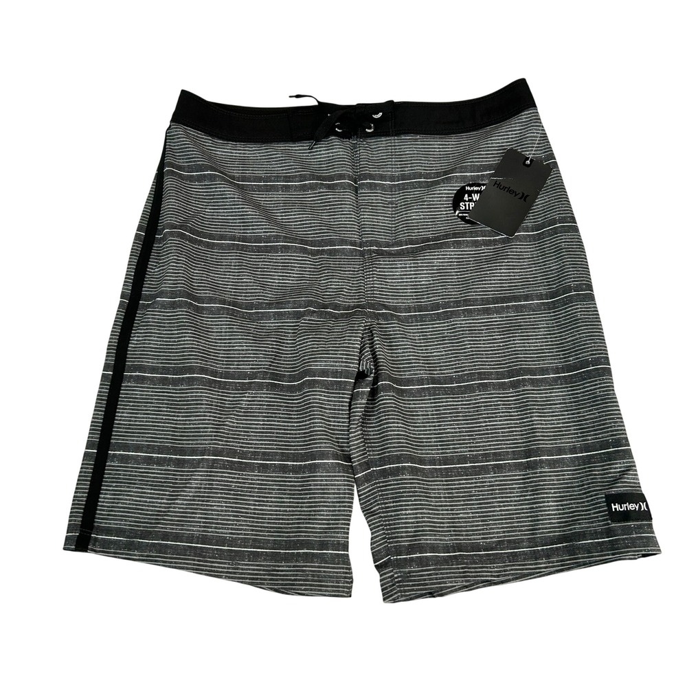 Hurley Boys Board Shorts Black Gray Striped 4-Way Stretch Size 18/29W New